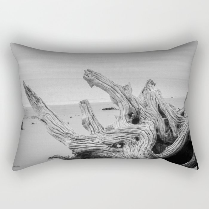 Driftwood on Boneyard Beach Florida 4 Black and White Rustic Coastal Landscape Photo Rectangular Pillow