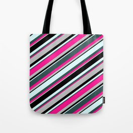 [ Thumbnail: Colorful Light Cyan, Dark Slate Gray, Deep Pink, Grey & Black Colored Lines/Stripes Pattern Tote Bag ]