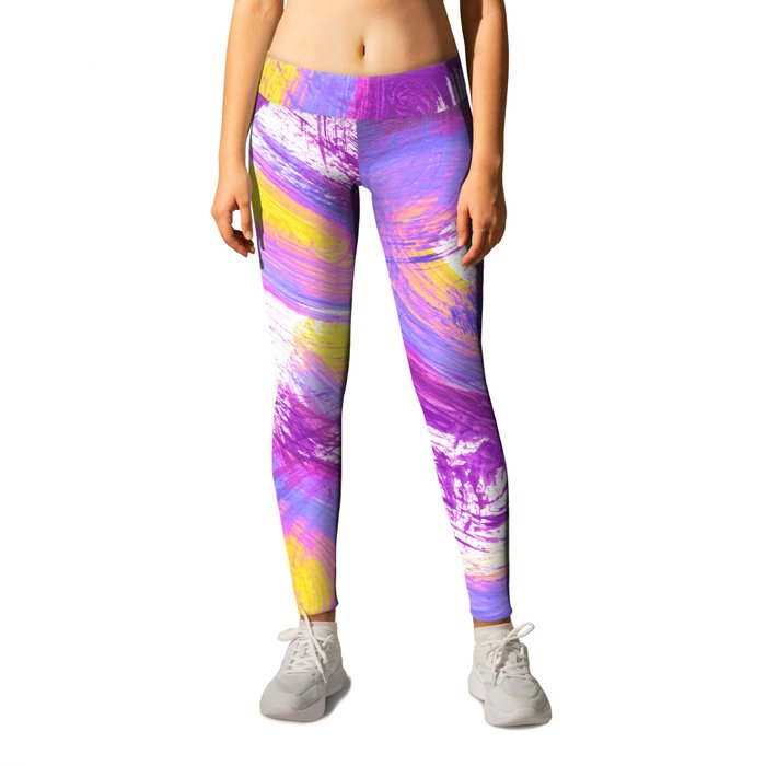 Wavy Squiggles Abstract Painting - Neon Purple, Lilac and Yellow Leggings
