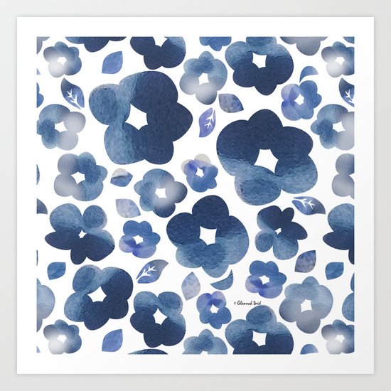 Blue Watercolour Flowers Art Print