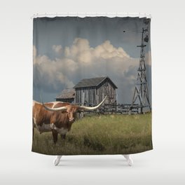 Longhorn Steer in a Prairie pasture by 1880 Town with Windmill and Old Gray Wooden Barn Shower Curtain