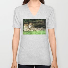 Two Cheetahs Lounging in Grass in Front of Log, Grunge Photograph V Neck T Shirt