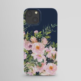 Floral Watercolor, Roses, Navy Blue and Pink, Vintage Art iPhone Case