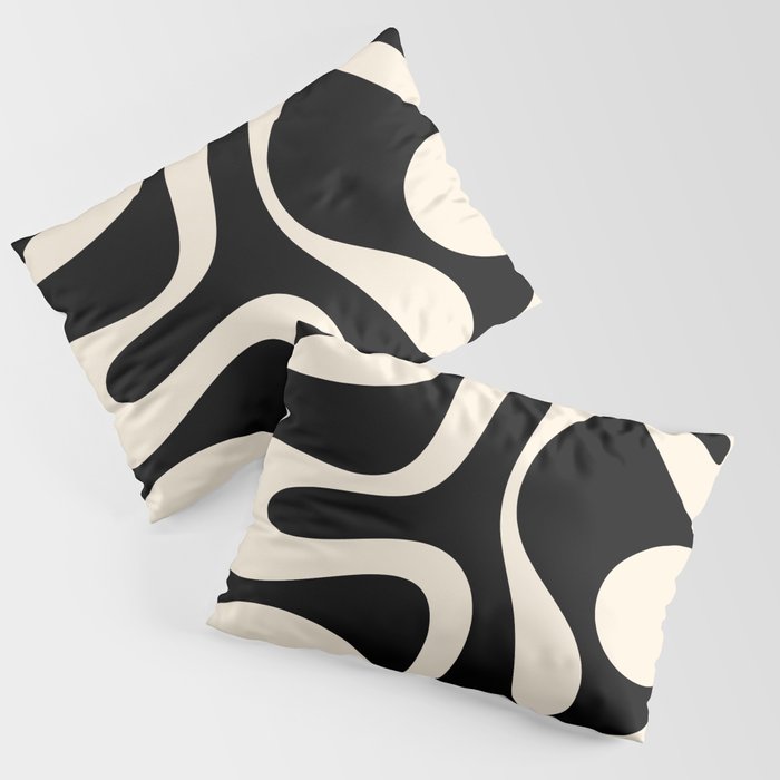 Soft Curves Retro Modern Abstract Pattern in Black and Almond Cream Pillow Sham