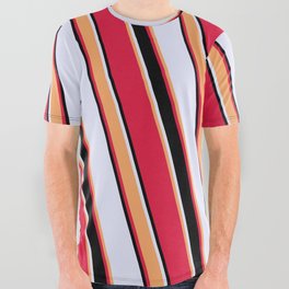 [ Thumbnail: Lavender, Brown, Crimson, and Black Colored Striped Pattern All Over Graphic Tee ]