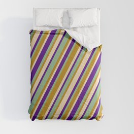 [ Thumbnail: Tan, Indigo, Dark Sea Green, and Dark Goldenrod Colored Stripes/Lines Pattern Comforter ]