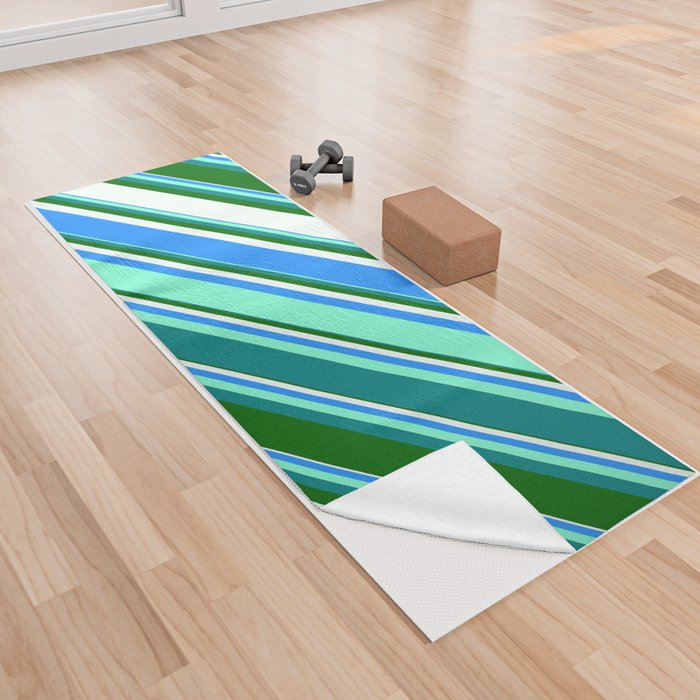 Colorful Blue, Aquamarine, Teal, Dark Green, and Mint Cream Colored Lines/Stripes Pattern Yoga Towel