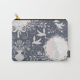 Silver Grey Lady Cameo and  Dove on Dark Gray Carry-All Pouch | Painting, Face, Vase, Peace, Silhouette, Fairy, Vintage, Floral, Nature, Fairies 