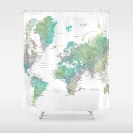 Watercolor world map in muted green and brown Shower Curtain