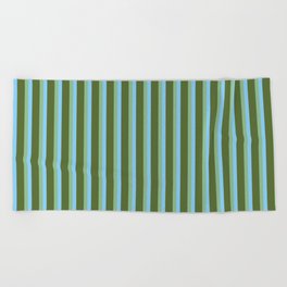[ Thumbnail: Light Sky Blue, Dark Sea Green, and Dark Olive Green Colored Striped Pattern Beach Towel ]