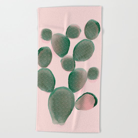 Watercolored Cactus on Pink Beach Towel