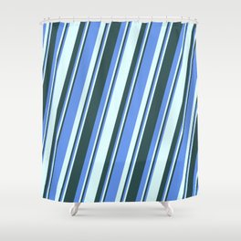 [ Thumbnail: Cornflower Blue, Light Cyan, and Dark Slate Gray Colored Pattern of Stripes Shower Curtain ]