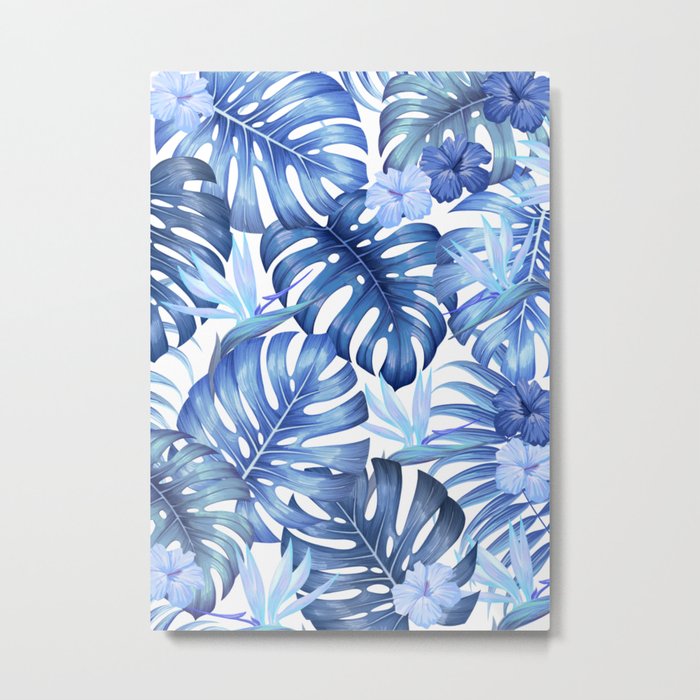 Blue Tropical Pattern Monstera Leaves And Bird Of Paradise Flowers Blue Tropical Pattern Monstera Leaves And Bird Of Paradise Flowers Metal Print