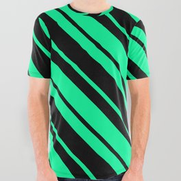 [ Thumbnail: Green and Black Colored Striped Pattern All Over Graphic Tee ]
