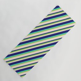 [ Thumbnail: Green, Beige, Midnight Blue & Turquoise Colored Lined/Striped Pattern Yoga Mat ]