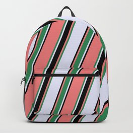 [ Thumbnail: Light Coral, Sea Green, Lavender & Black Colored Lined Pattern Backpack ]