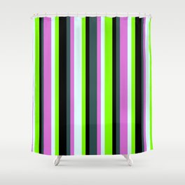 [ Thumbnail: Dark Slate Gray, Orchid, Light Cyan, Chartreuse & Black Colored Lines/Stripes Pattern Shower Curtain ]