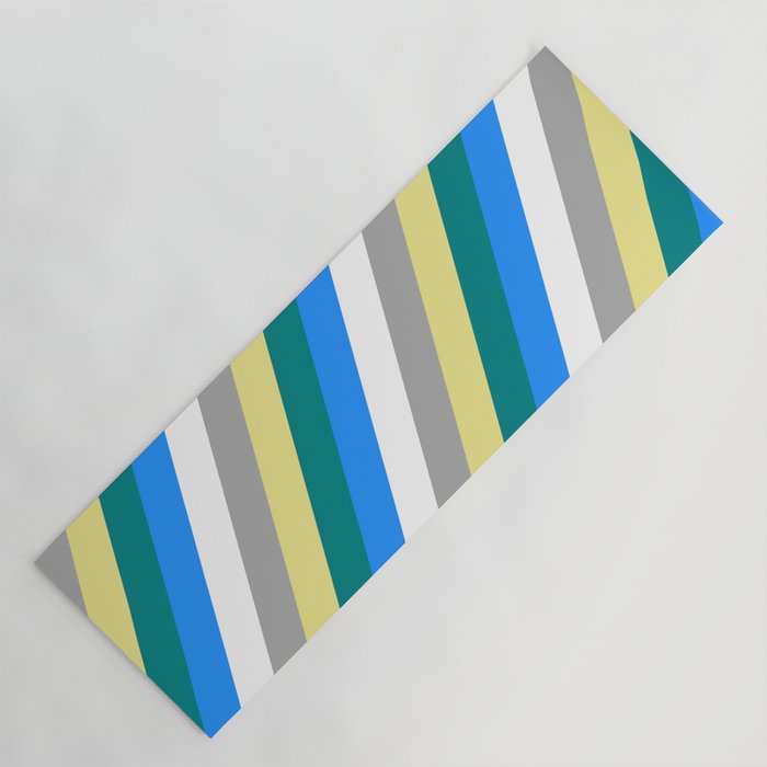 Eye-catching Tan, Teal, Blue, White & Dark Gray Colored Striped/Lined Pattern Yoga Mat