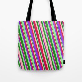 [ Thumbnail: Eye-catching Light Pink, Crimson, Purple, Light Green, and Forest Green Colored Stripes Pattern Tote Bag ]