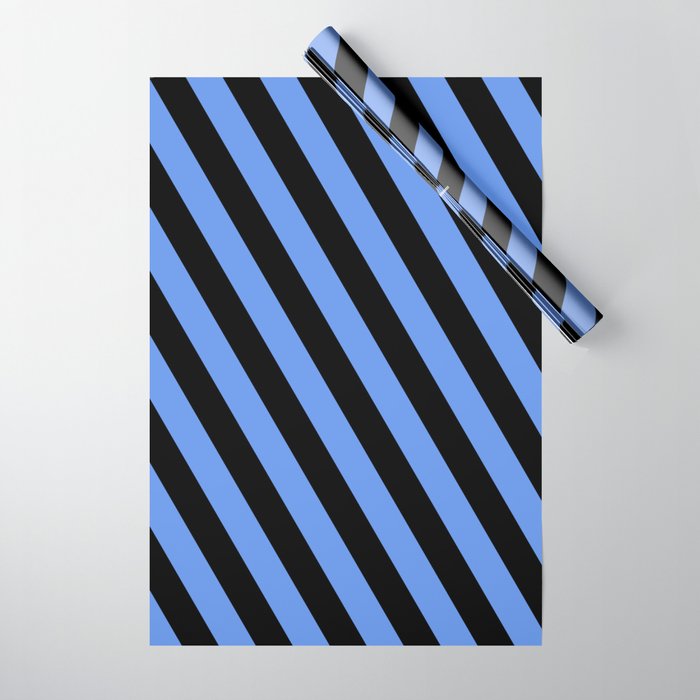 Cornflower Blue & Black Colored Striped/Lined Pattern Wrapping Paper