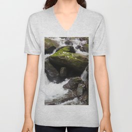 Stream Cascading by Moss Covered Rocks V Neck T Shirt