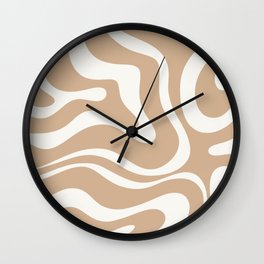 Modern Retro Liquid Swirl Abstract Pattern Square in Coffee Creme and Nearly White Cream Wall Clock