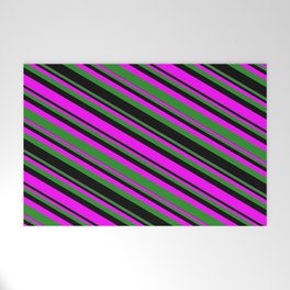 [ Thumbnail: Fuchsia, Forest Green & Black Colored Lines/Stripes Pattern Welcome Mat ]