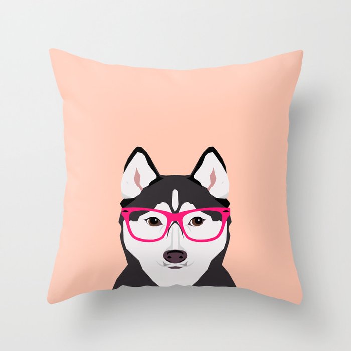 Kamri - Siberian Husky with Pink Hipster Glasses, Cute Retro Dog, Dog, Husky with Glasses, Funny Dog Throw Pillow