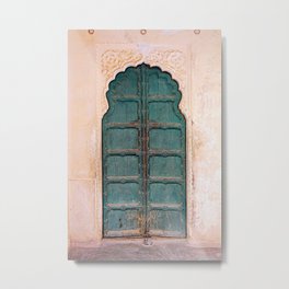 Antique door in India - Teal door, peach wall Metal Print | World, India, Indian, Boho, Teal, Door, Millenialpink, Arch, Bluegreen, Travel 