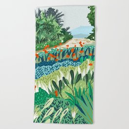 Solo Walk, Nature Jungle Forest Tropical Colorful Vibrant Bortanical Illustration Painting Beach Towel