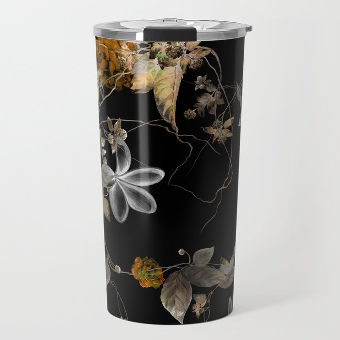 Watercolor painting of leaf and flowers, seamless pattern on dark background Travel Mug