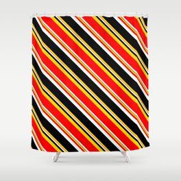 [ Thumbnail: Yellow, Red, Mint Cream, and Black Colored Pattern of Stripes Shower Curtain ]