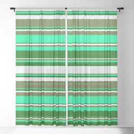 [ Thumbnail: Green, Dark Green, Mint Cream, and Dark Olive Green Colored Stripes/Lines Pattern Sheer Curtain ]
