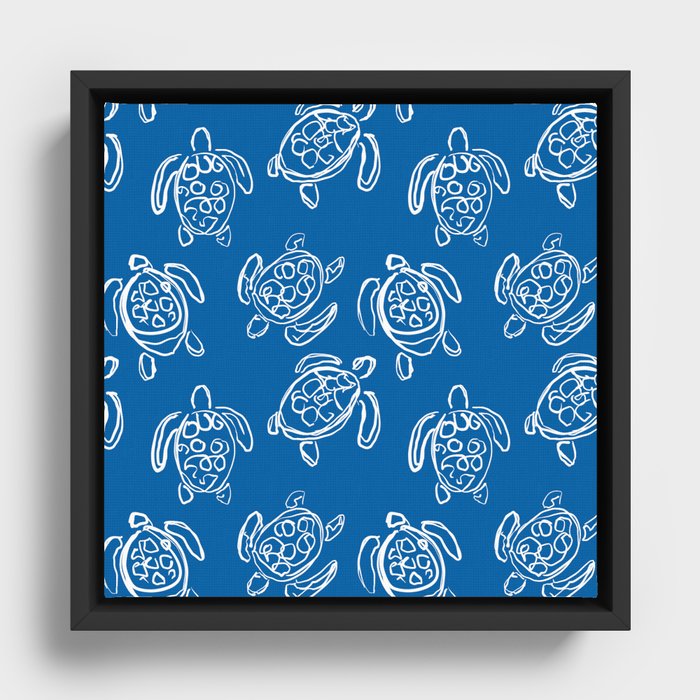 Sea Turtle Pattern Turtles Blue and White Drawing Framed Canvas