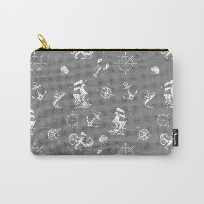 Grey And White Silhouettes Of Vintage Nautical Pattern Carry-All Pouch