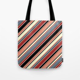 [ Thumbnail: Vibrant Dark Salmon, Slate Gray, Black, Light Yellow, and Brown Colored Lines/Stripes Pattern Tote Bag ]