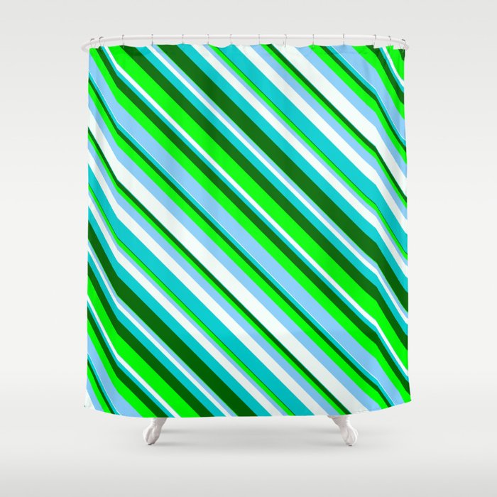 Lime, Light Sky Blue, Mint Cream, Dark Turquoise & Dark Green Colored Lines/Stripes Pattern Shower Curtain