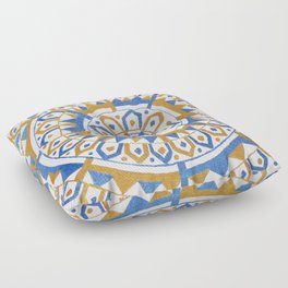 Metallic Blue and Gold Acrylic Painting Mandala Square with White Background Floor Pillow
