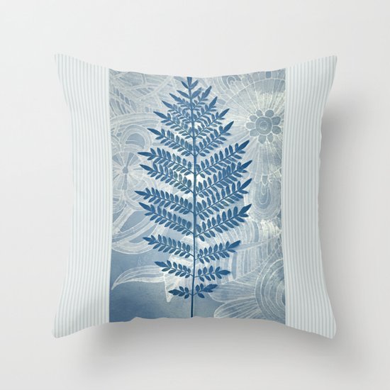 Jacaranda Leaf in Blue, Cream, Grey Throw Pillow