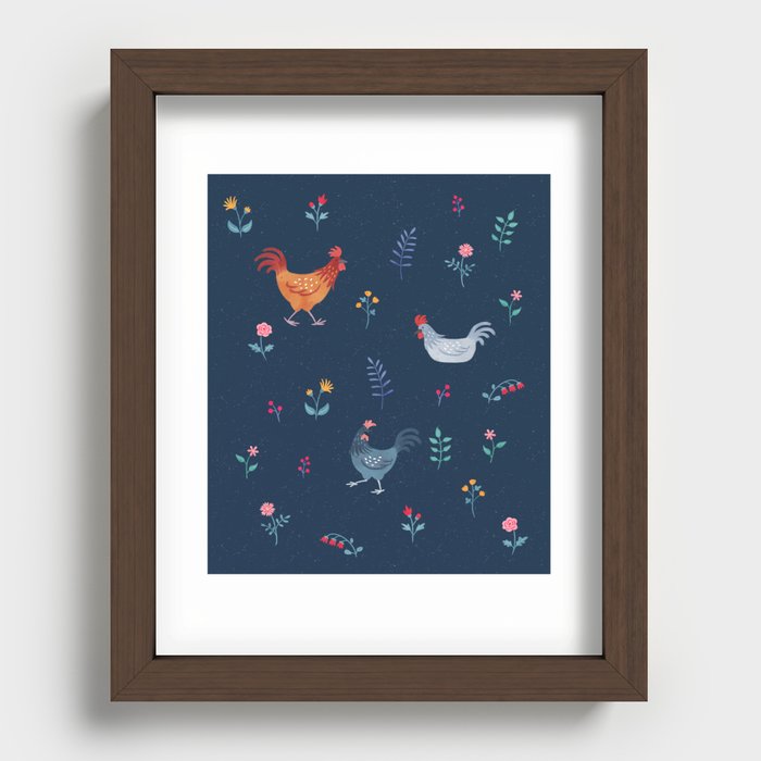 Little Hens (blue) Recessed Framed Print