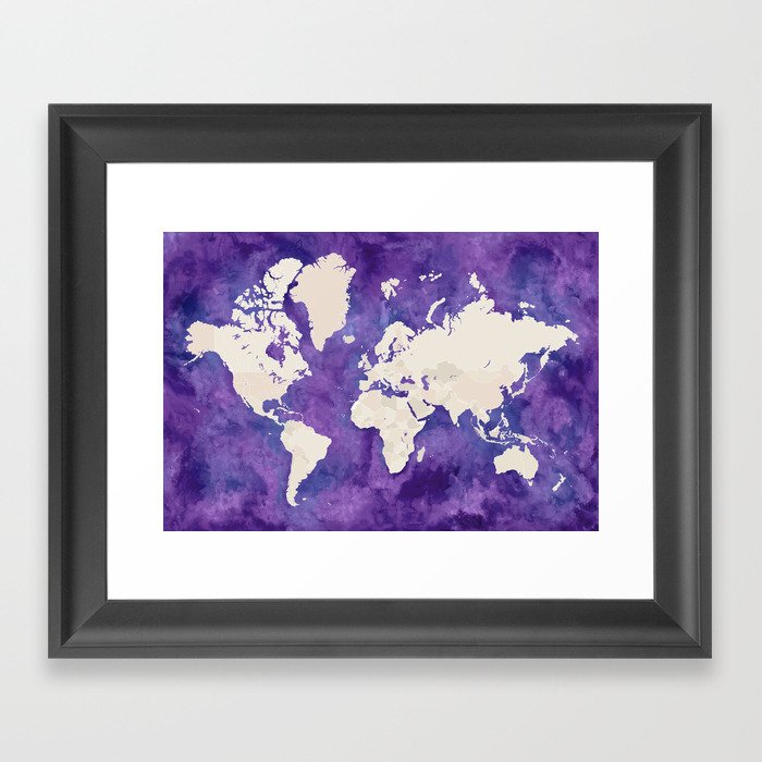 Purple watercolor and light brown world map with outilined countries Framed Art Print