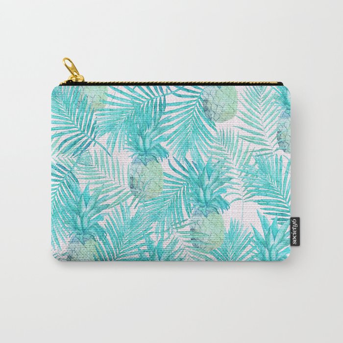Turquoise Palm Leaves and Pineapples on Pink Carry-All Pouch