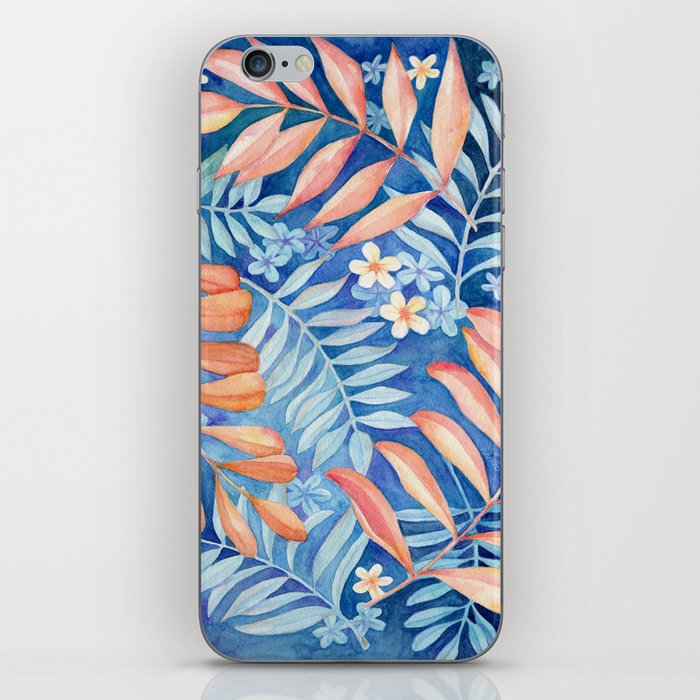 Watercolor Leaves and Flowers - Orange and Indigo iPhone Skin