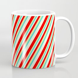 [ Thumbnail: Beige, Red, Tan, and Turquoise Colored Striped Pattern Coffee Mug ]