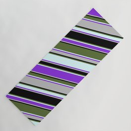 [ Thumbnail: Colorful Dark Olive Green, Light Cyan, Purple, Grey, and Black Colored Lined/Striped Pattern Yoga Mat ]