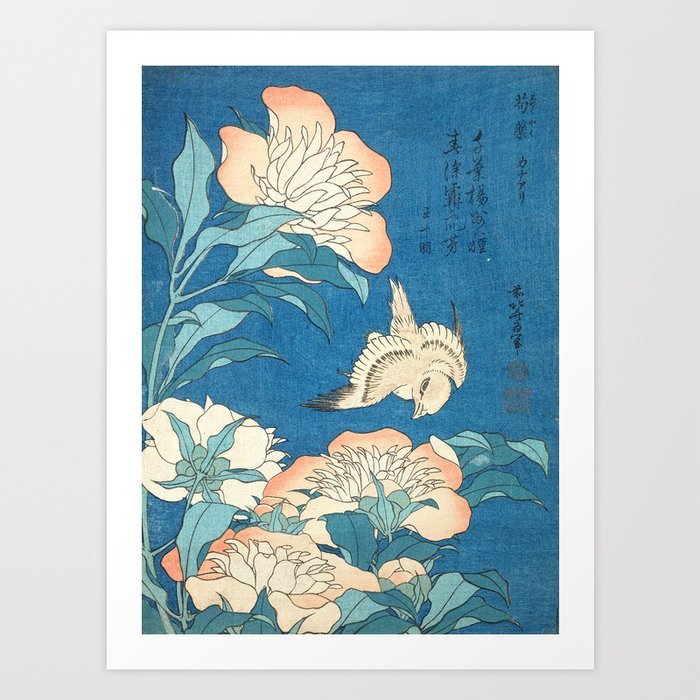 Peonies and Canary by Hokusai : Japanese Flowers Turquoise Peach Art Print