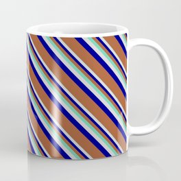 [ Thumbnail: Aquamarine, Light Gray, Blue, and Sienna Colored Striped/Lined Pattern Coffee Mug ]