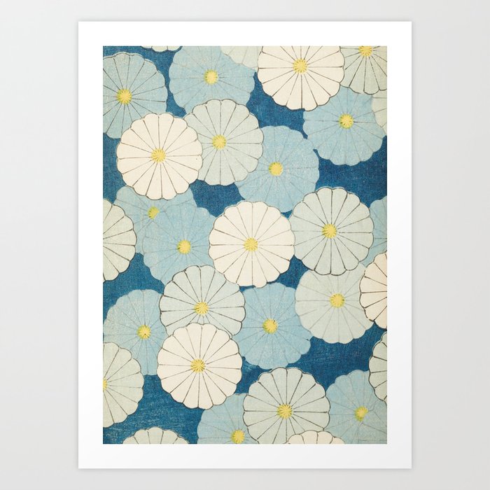 Vintage Japanese Floral Design in Blue Art Print