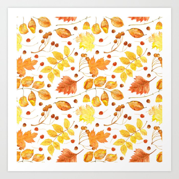 Watercolor Autumn Leaves Seamless Pattern On White Background Maple Leave Hawthorn Leave Birch Le Art Print By Mila Lev Society6
