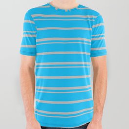 [ Thumbnail: Deep Sky Blue and Grey Colored Pattern of Stripes All Over Graphic Tee ]